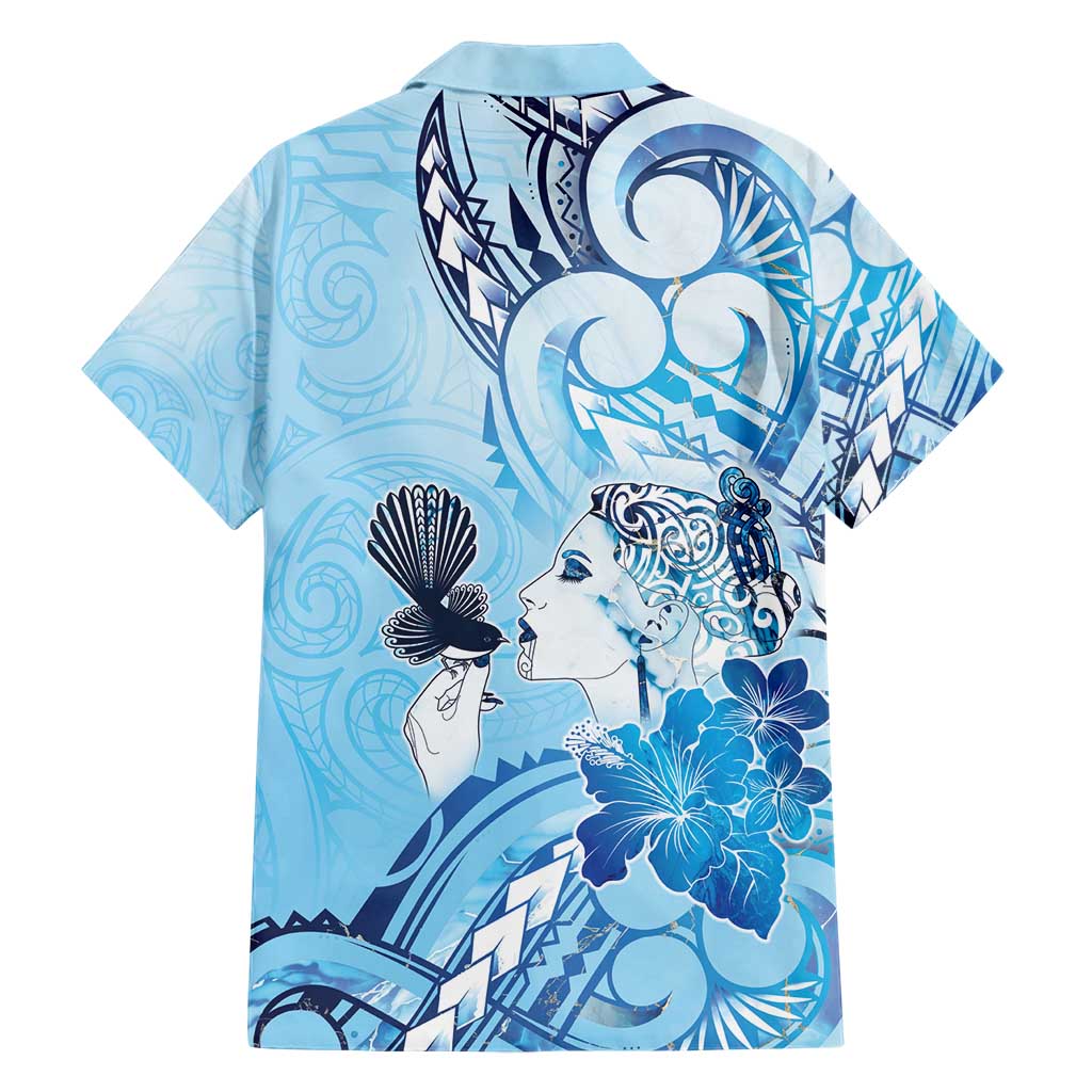 Aotearoa Maori Wahine Family Matching Short Sleeve Bodycon Dress and Hawaiian Shirt Fantail Bird Blue Gold Marble LT05 - Polynesian Pride