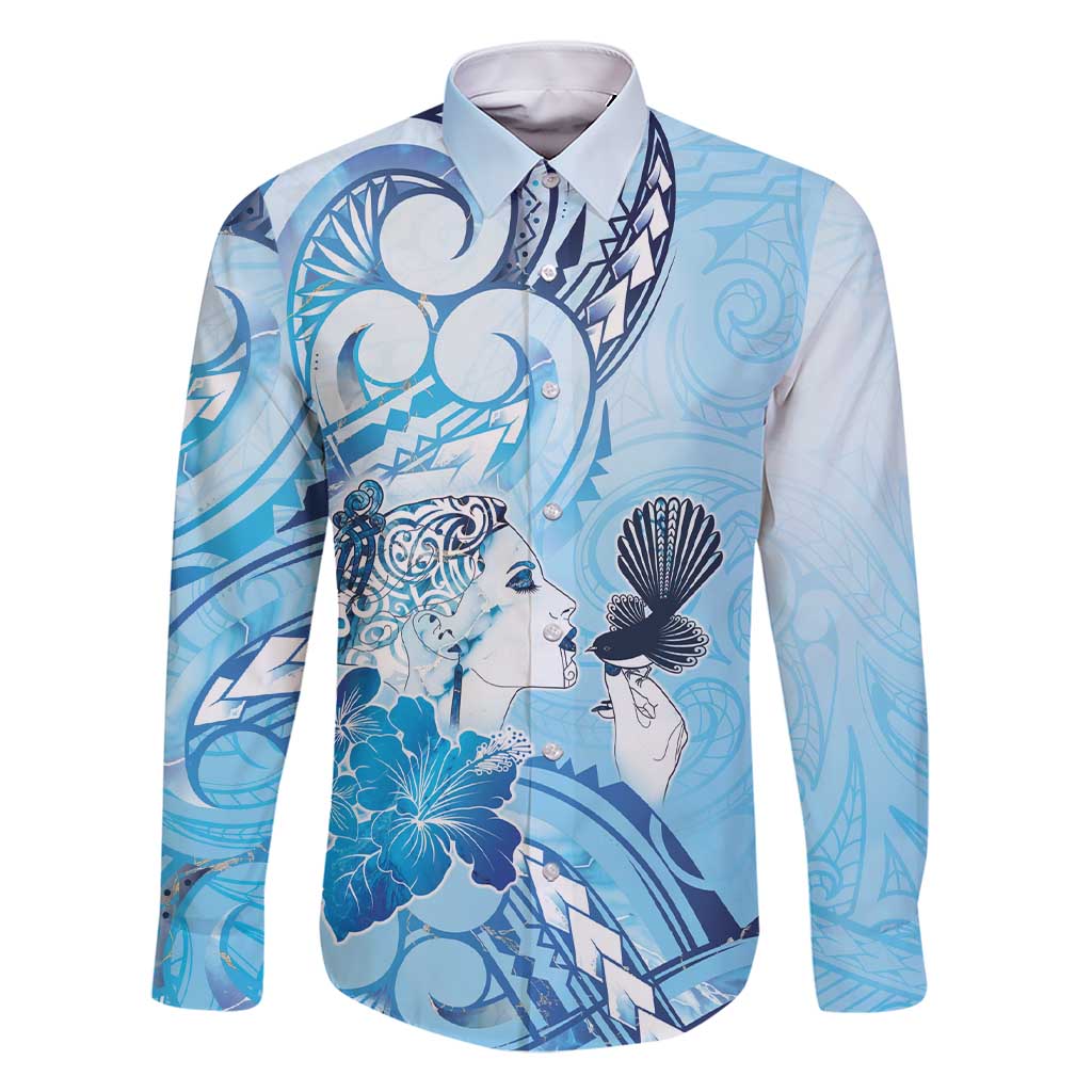 Aotearoa Maori Wahine Family Matching Short Sleeve Bodycon Dress and Hawaiian Shirt Fantail Bird Blue Gold Marble LT05 Dad's Shirt - Long Sleeve Blue - Polynesian Pride