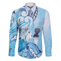 Aotearoa Maori Wahine Family Matching Short Sleeve Bodycon Dress and Hawaiian Shirt Fantail Bird Blue Gold Marble LT05 Dad's Shirt - Long Sleeve Blue - Polynesian Pride