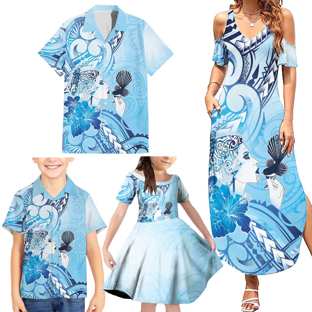 Aotearoa Maori Wahine Family Matching Summer Maxi Dress and Hawaiian Shirt Fantail Bird Blue Gold Marble