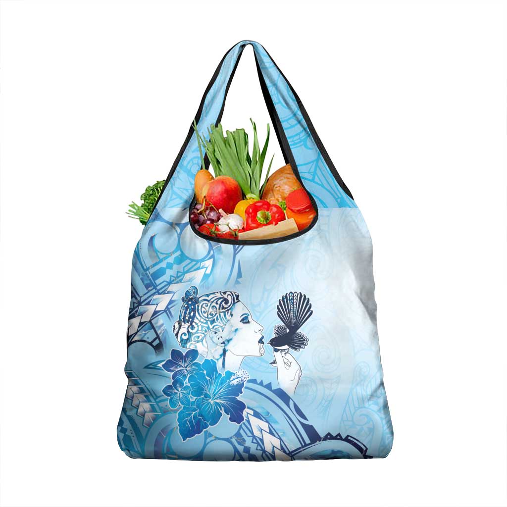 Aotearoa Maori Wahine Grocery Bag Fantail Bird Blue Gold Marble