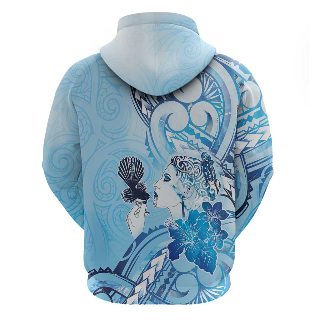 Aotearoa Maori Wahine Hoodie Fantail Bird Blue Gold Marble