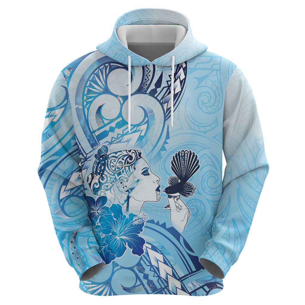 Aotearoa Maori Wahine Hoodie Fantail Bird Blue Gold Marble