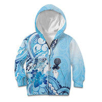 Aotearoa Maori Wahine Kid Hoodie Fantail Bird Blue Gold Marble