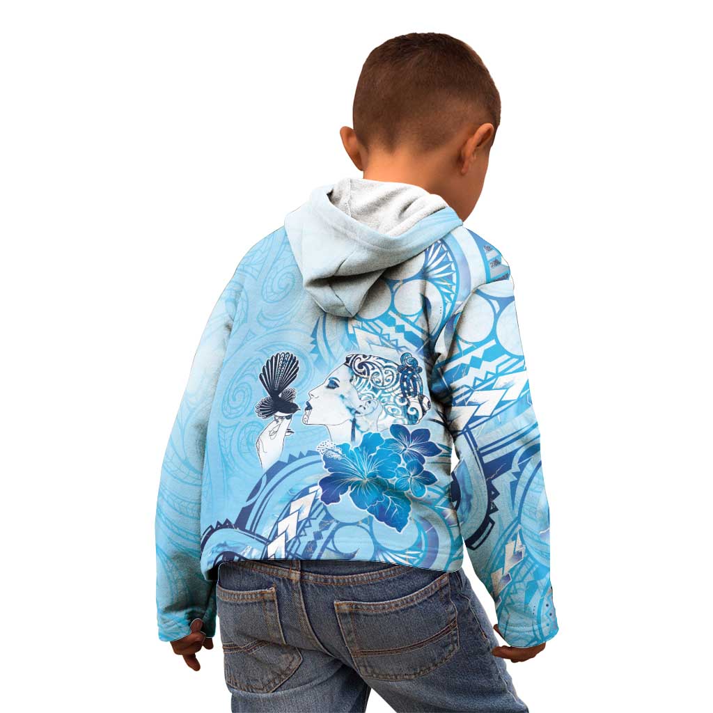 Aotearoa Maori Wahine Kid Hoodie Fantail Bird Blue Gold Marble