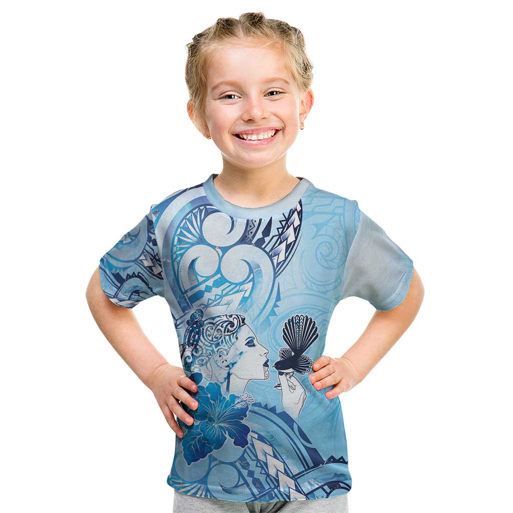 Aotearoa Maori Wahine Kid T Shirt Fantail Bird Blue Gold Marble