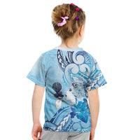 Aotearoa Maori Wahine Kid T Shirt Fantail Bird Blue Gold Marble