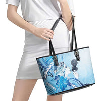 Aotearoa Maori Wahine Leather Tote Bag Fantail Bird Blue Gold Marble