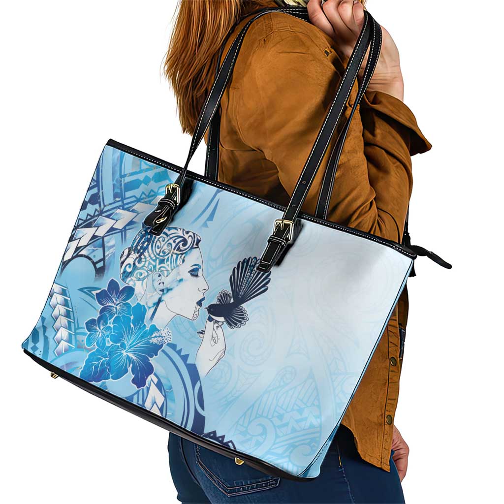 Aotearoa Maori Wahine Leather Tote Bag Fantail Bird Blue Gold Marble