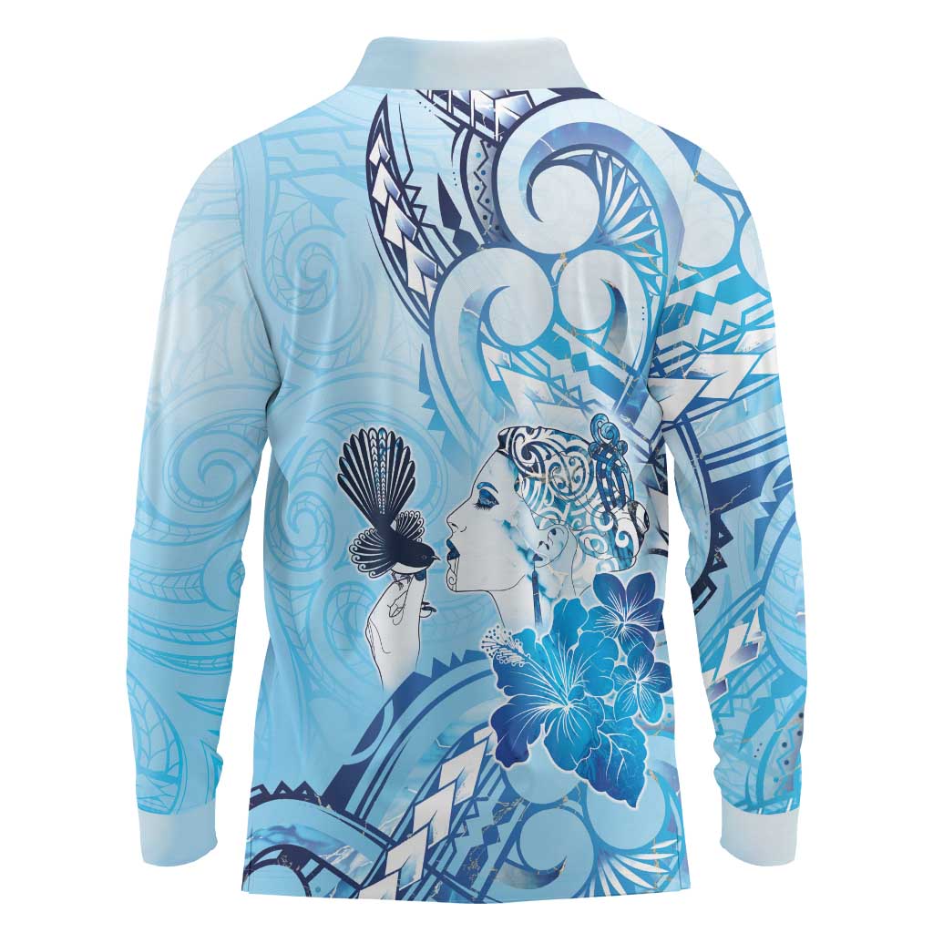 Aotearoa Maori Wahine Long Sleeve Polo Shirt Fantail Bird Blue Gold Marble