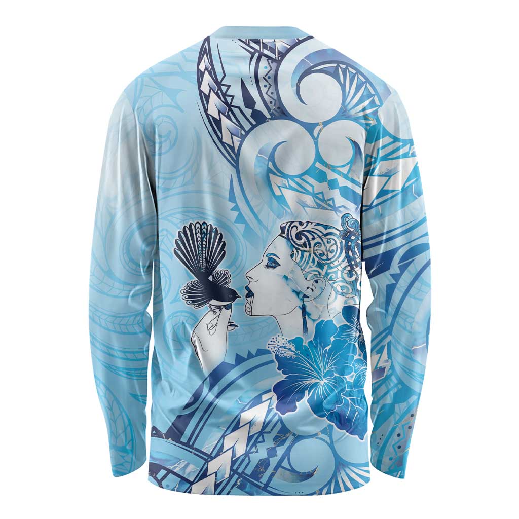 Aotearoa Maori Wahine Long Sleeve Shirt Fantail Bird Blue Gold Marble