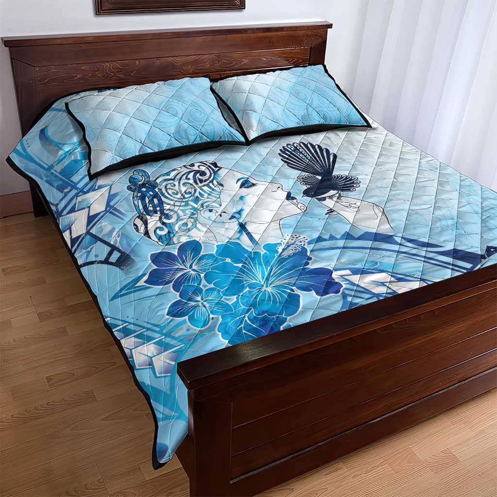 Aotearoa Maori Wahine Quilt Bed Set Fantail Bird Blue Gold Marble