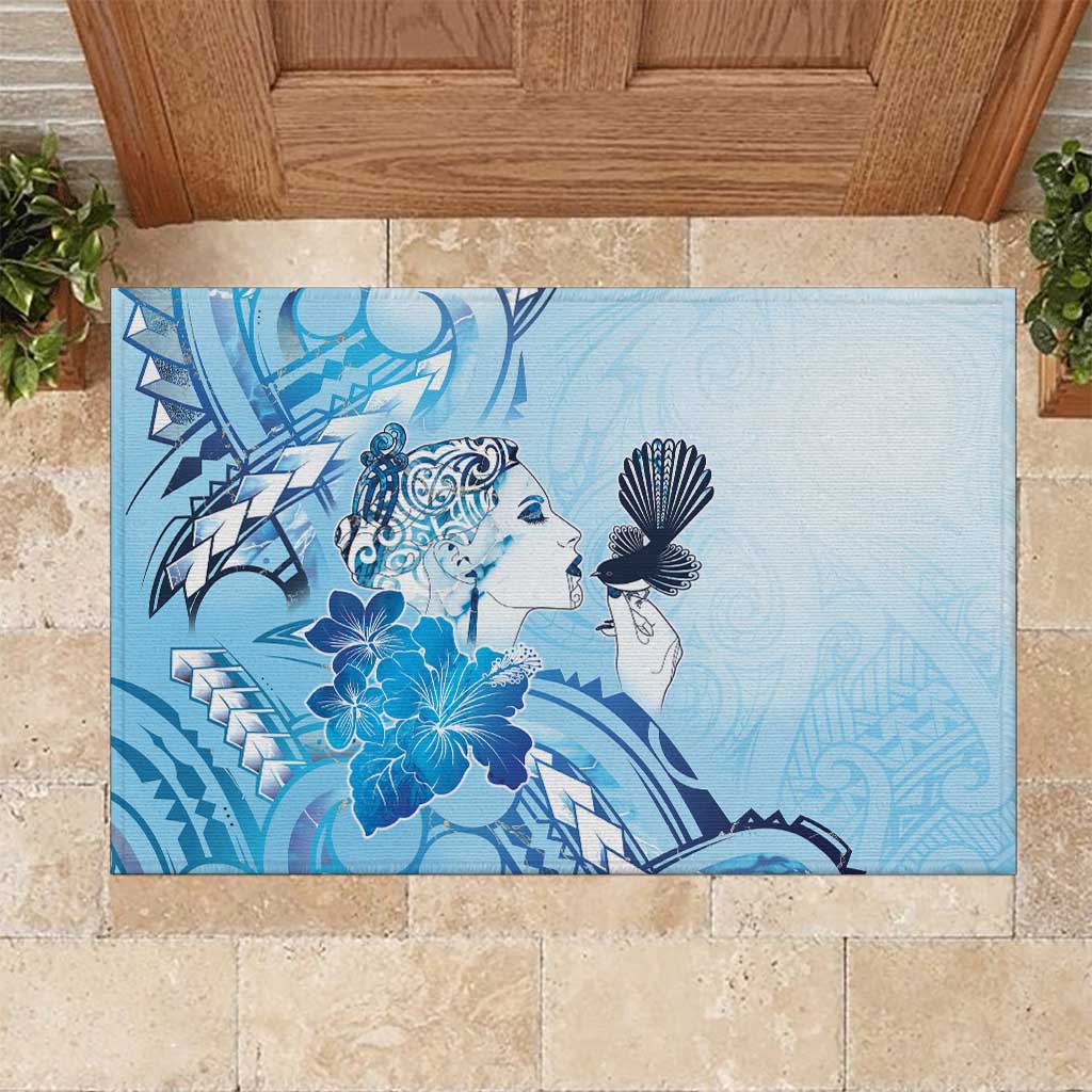 Aotearoa Maori Wahine Rubber Doormat Fantail Bird Blue Gold Marble
