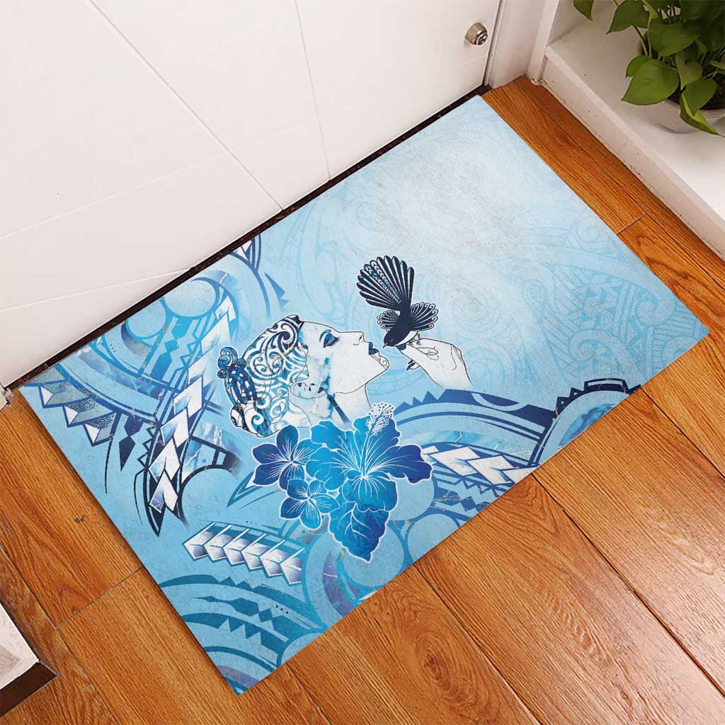Aotearoa Maori Wahine Rubber Doormat Fantail Bird Blue Gold Marble