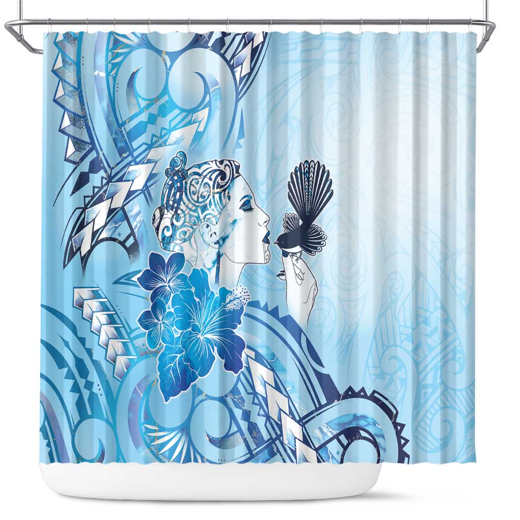 Aotearoa Maori Wahine Shower Curtain Fantail Bird Blue Gold Marble
