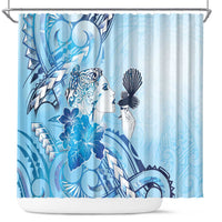 Aotearoa Maori Wahine Shower Curtain Fantail Bird Blue Gold Marble