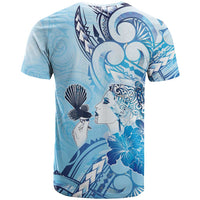 Aotearoa Maori Wahine T Shirt Fantail Bird Blue Gold Marble