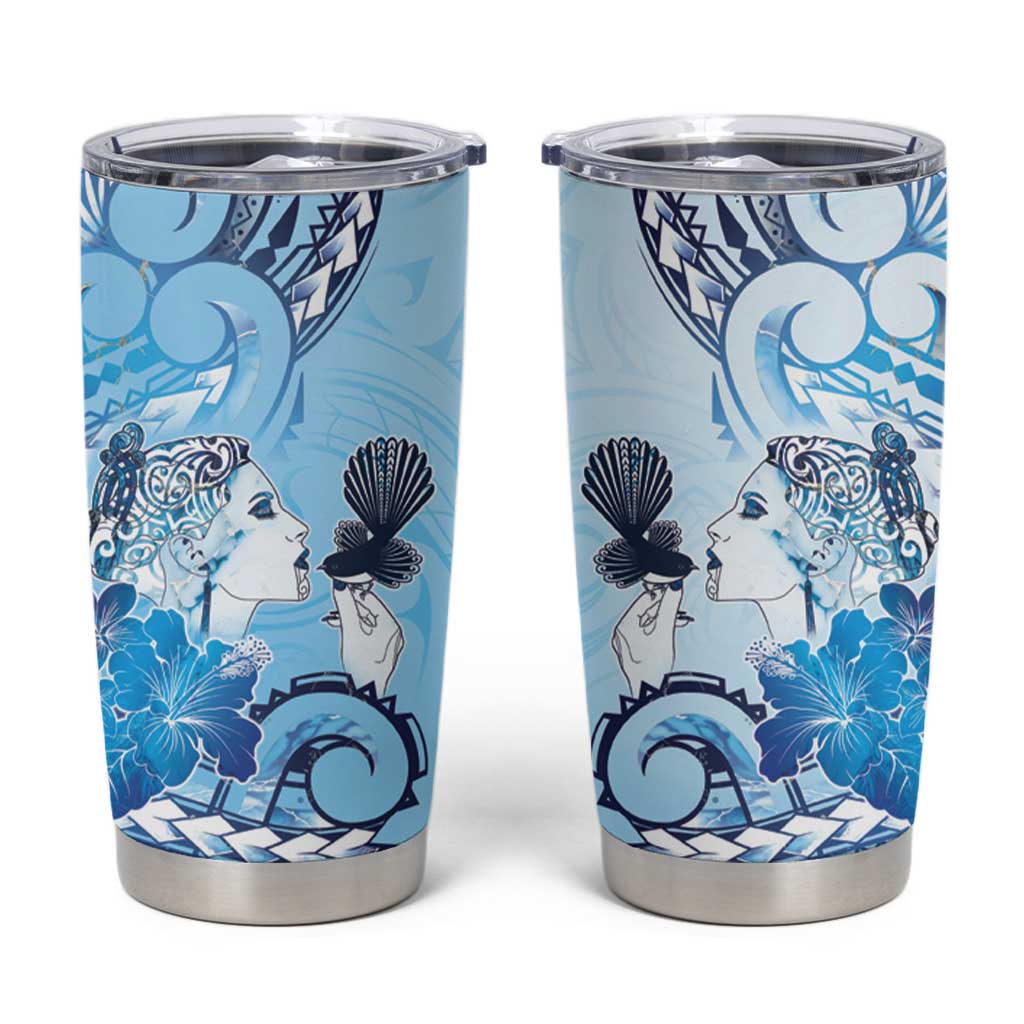 Aotearoa Maori Wahine Tumbler Cup Fantail Bird Blue Gold Marble