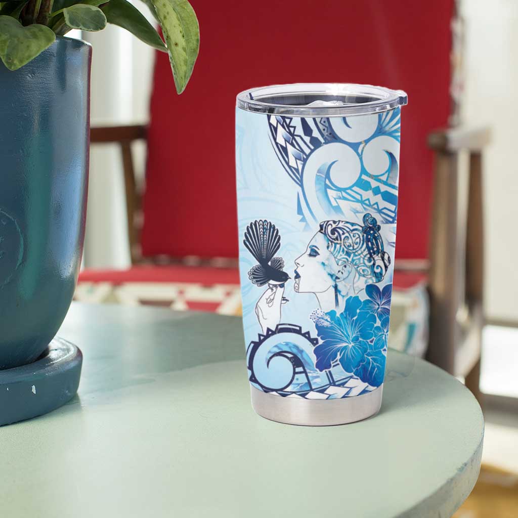 Aotearoa Maori Wahine Tumbler Cup Fantail Bird Blue Gold Marble