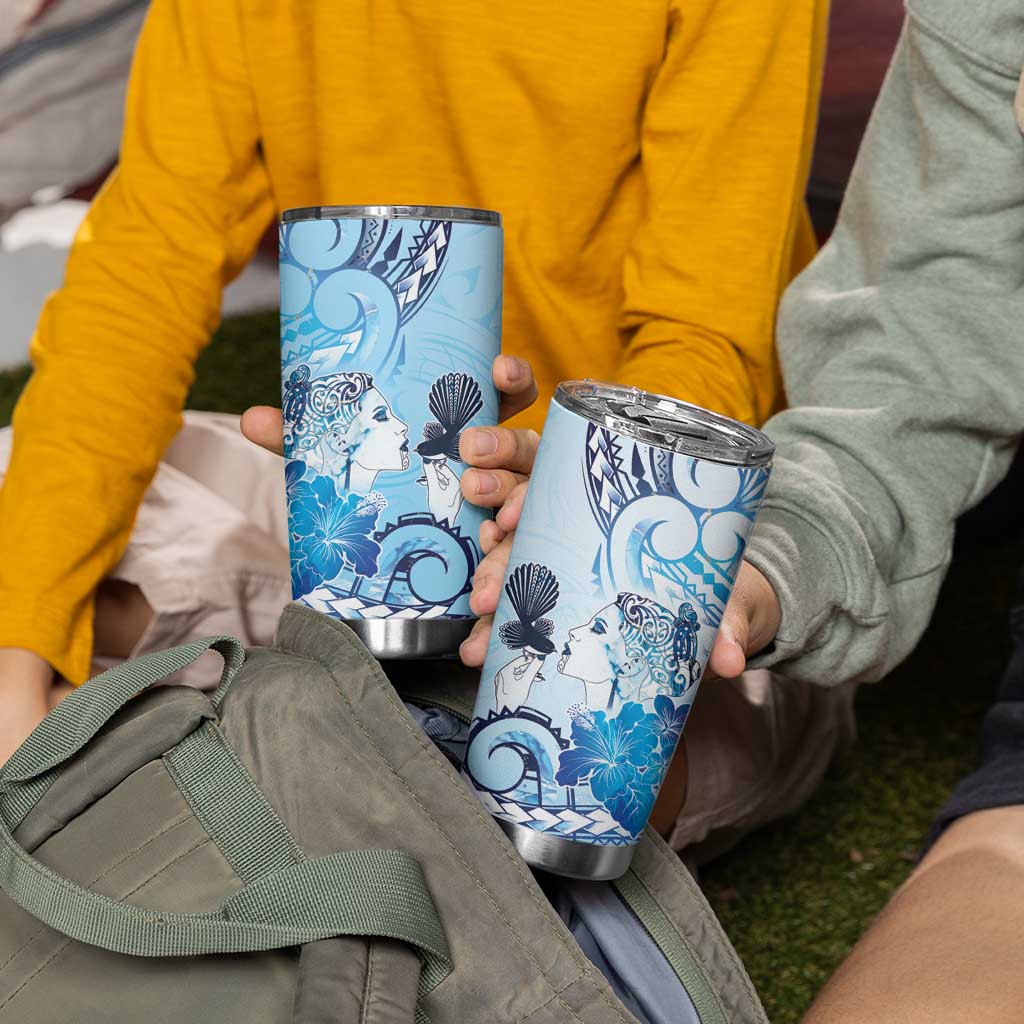 Aotearoa Maori Wahine Tumbler Cup Fantail Bird Blue Gold Marble