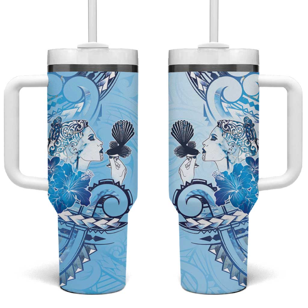 Aotearoa Maori Wahine Tumbler With Handle Fantail Bird Blue Gold Marble