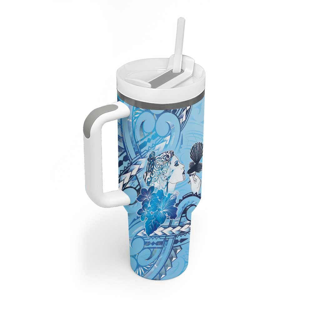 Aotearoa Maori Wahine Tumbler With Handle Fantail Bird Blue Gold Marble