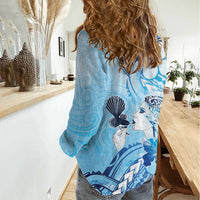 Aotearoa Maori Wahine Women Casual Shirt Fantail Bird Blue Gold Marble LT05 - Polynesian Pride