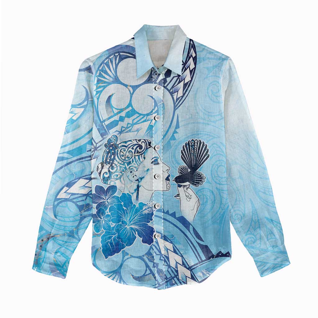 Aotearoa Maori Wahine Women Casual Shirt Fantail Bird Blue Gold Marble LT05 - Polynesian Pride