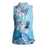 Aotearoa Maori Wahine Women Sleeveless Polo Shirt Fantail Bird Blue Gold Marble