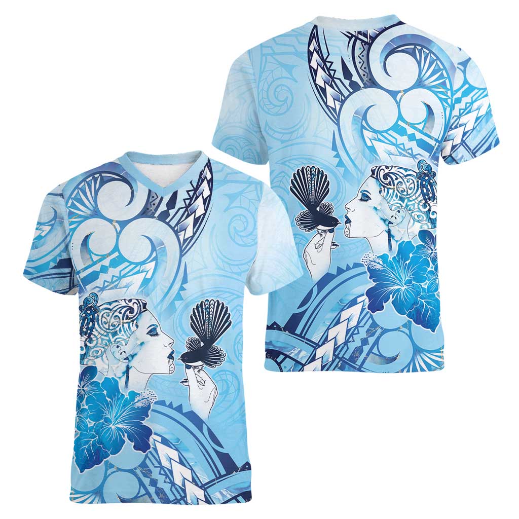 Aotearoa Maori Wahine Women V-Neck T-Shirt Fantail Bird Blue Gold Marble LT05 - Polynesian Pride