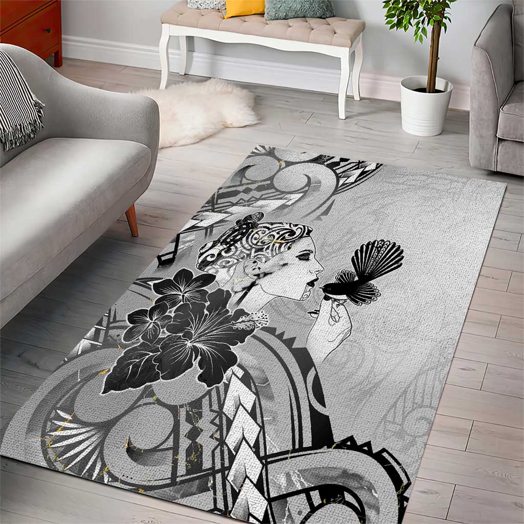 Aotearoa Maori Wahine Area Rug Fantail Bird Black Gold Marble