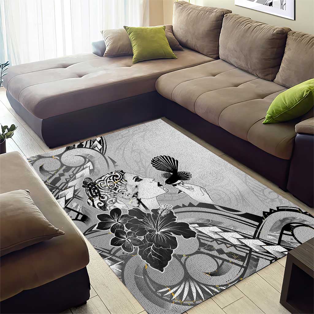 Aotearoa Maori Wahine Area Rug Fantail Bird Black Gold Marble
