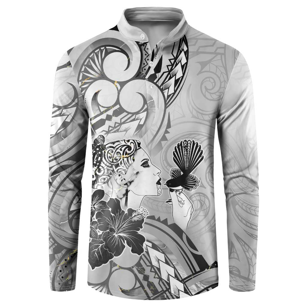 Aotearoa Maori Wahine Button Sweatshirt Fantail Bird Black Gold Marble