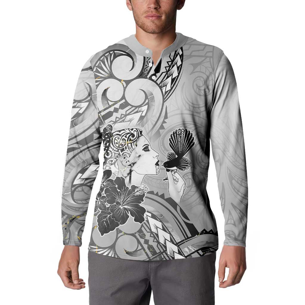 Aotearoa Maori Wahine Button Sweatshirt Fantail Bird Black Gold Marble