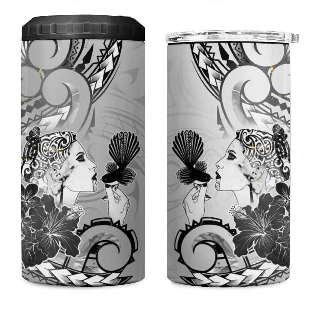 Aotearoa Maori Wahine 4 in 1 Can Cooler Tumbler Fantail Bird Black Gold Marble