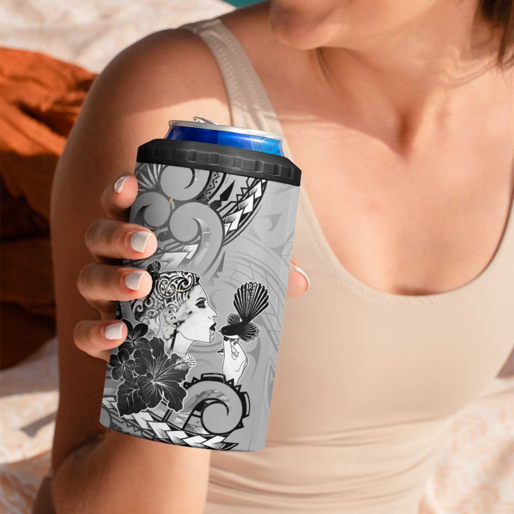 Aotearoa Maori Wahine 4 in 1 Can Cooler Tumbler Fantail Bird Black Gold Marble