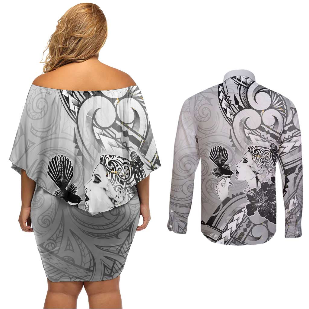 Aotearoa Maori Wahine Couples Matching Off Shoulder Short Dress and Long Sleeve Button Shirt Fantail Bird Black Gold Marble LT05 - Polynesian Pride