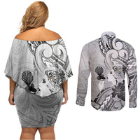 Aotearoa Maori Wahine Couples Matching Off Shoulder Short Dress and Long Sleeve Button Shirt Fantail Bird Black Gold Marble LT05 - Polynesian Pride