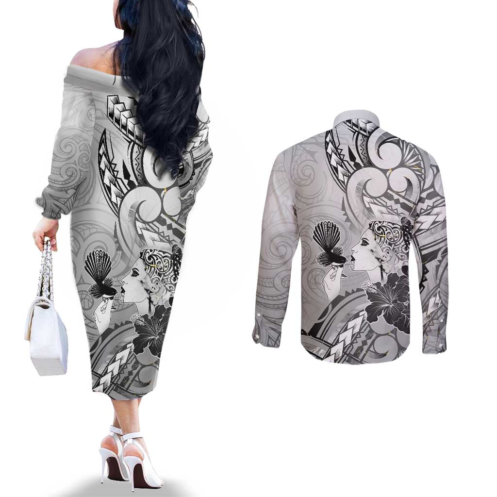 Aotearoa Maori Wahine Couples Matching Off The Shoulder Long Sleeve Dress and Long Sleeve Button Shirt Fantail Bird Black Gold Marble LT05 - Polynesian Pride