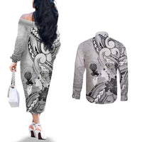 Aotearoa Maori Wahine Couples Matching Off The Shoulder Long Sleeve Dress and Long Sleeve Button Shirt Fantail Bird Black Gold Marble LT05 - Polynesian Pride