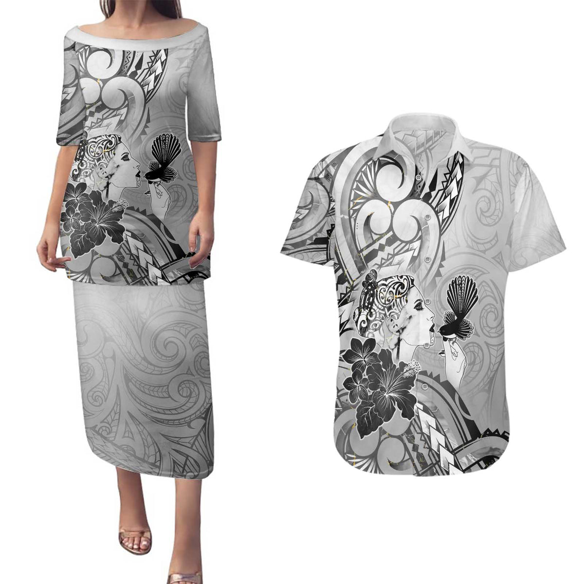 Aotearoa Maori Wahine Couples Matching Puletasi and Hawaiian Shirt Fantail Bird Black Gold Marble LT05 Black - Polynesian Pride