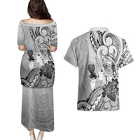 Aotearoa Maori Wahine Couples Matching Puletasi and Hawaiian Shirt Fantail Bird Black Gold Marble LT05 - Polynesian Pride