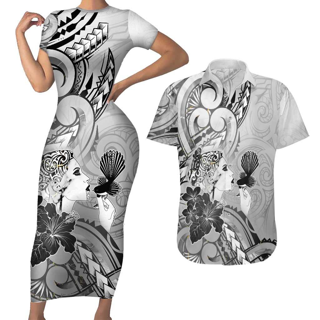 Aotearoa Maori Wahine Couples Matching Short Sleeve Bodycon Dress and Hawaiian Shirt Fantail Bird Black Gold Marble