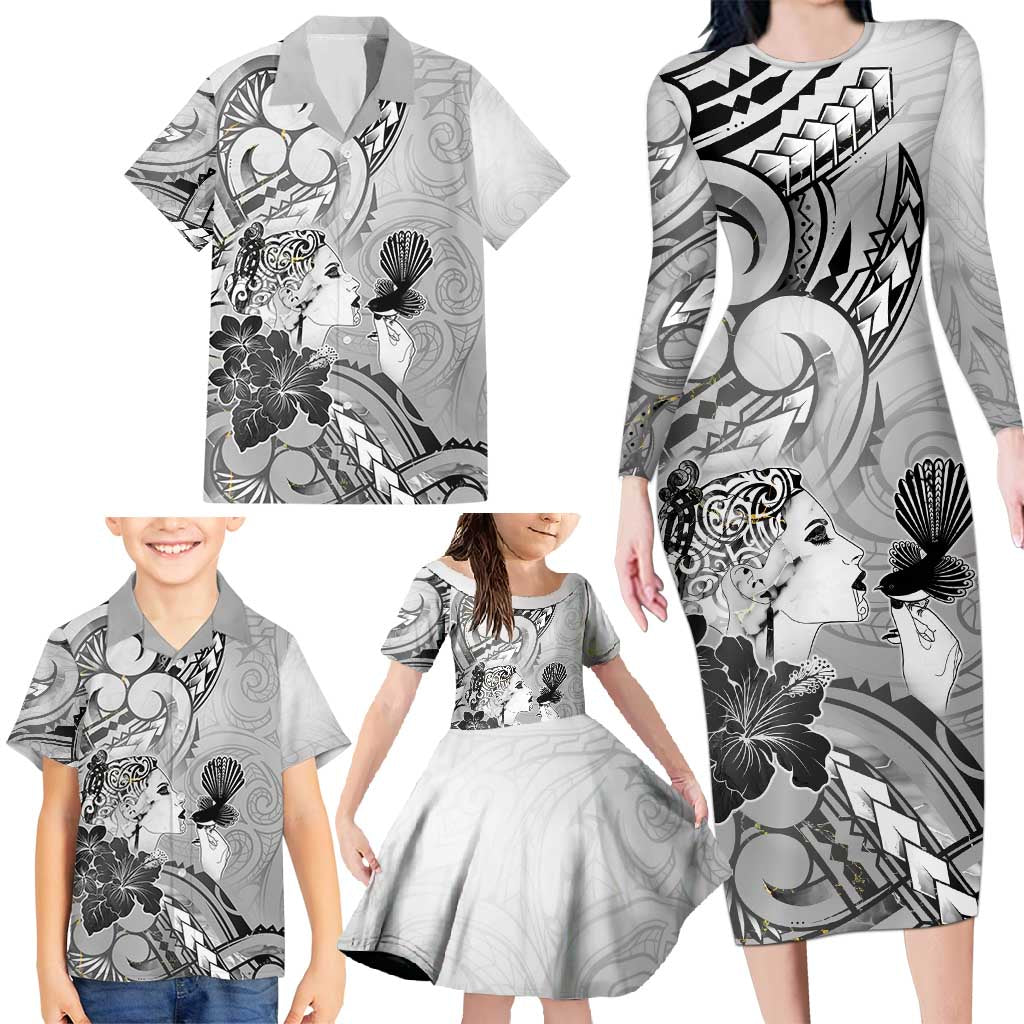 Aotearoa Maori Wahine Family Matching Long Sleeve Bodycon Dress and Hawaiian Shirt Fantail Bird Black Gold Marble LT05 - Polynesian Pride