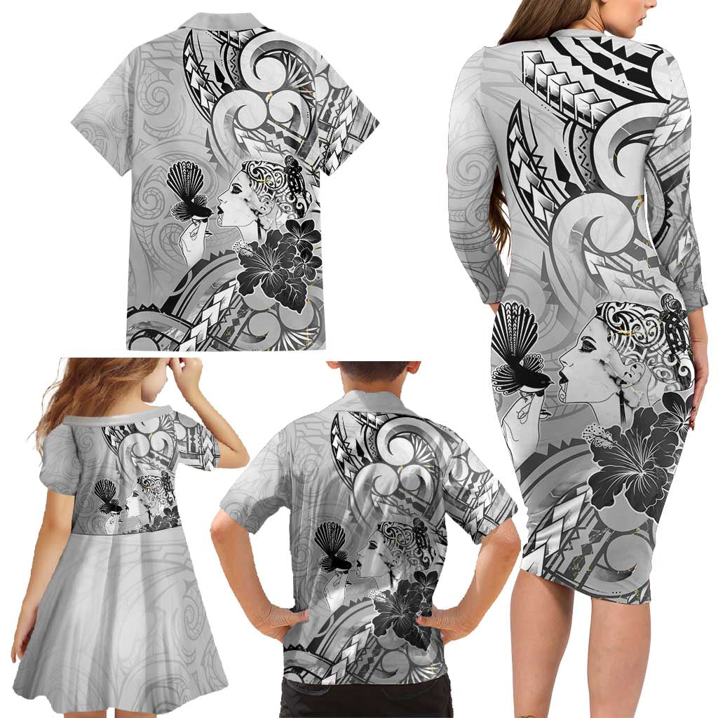 Aotearoa Maori Wahine Family Matching Long Sleeve Bodycon Dress and Hawaiian Shirt Fantail Bird Black Gold Marble LT05 - Polynesian Pride