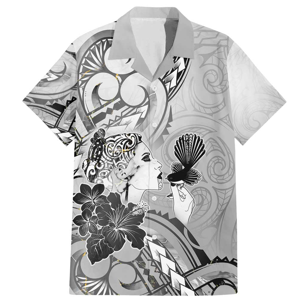 Aotearoa Maori Wahine Family Matching Long Sleeve Bodycon Dress and Hawaiian Shirt Fantail Bird Black Gold Marble LT05 Dad's Shirt - Short Sleeve Black - Polynesian Pride