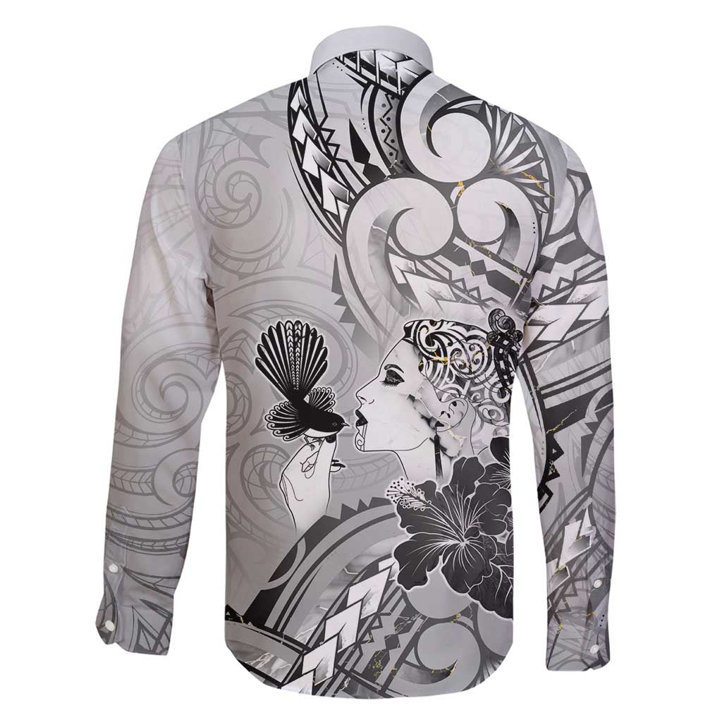 Aotearoa Maori Wahine Family Matching Long Sleeve Bodycon Dress and Hawaiian Shirt Fantail Bird Black Gold Marble LT05 - Polynesian Pride
