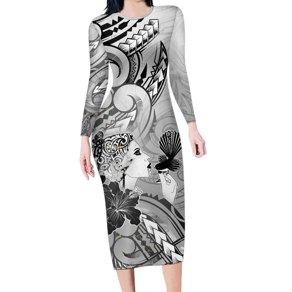 Aotearoa Maori Wahine Family Matching Long Sleeve Bodycon Dress and Hawaiian Shirt Fantail Bird Black Gold Marble LT05 Mom's Dress Black - Polynesian Pride