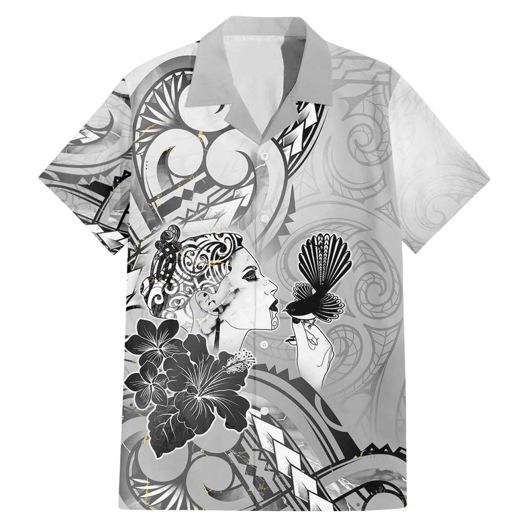 Aotearoa Maori Wahine Family Matching Mermaid Dress and Hawaiian Shirt Fantail Bird Black Gold Marble LT05 Dad's Shirt - Short Sleeve Black - Polynesian Pride