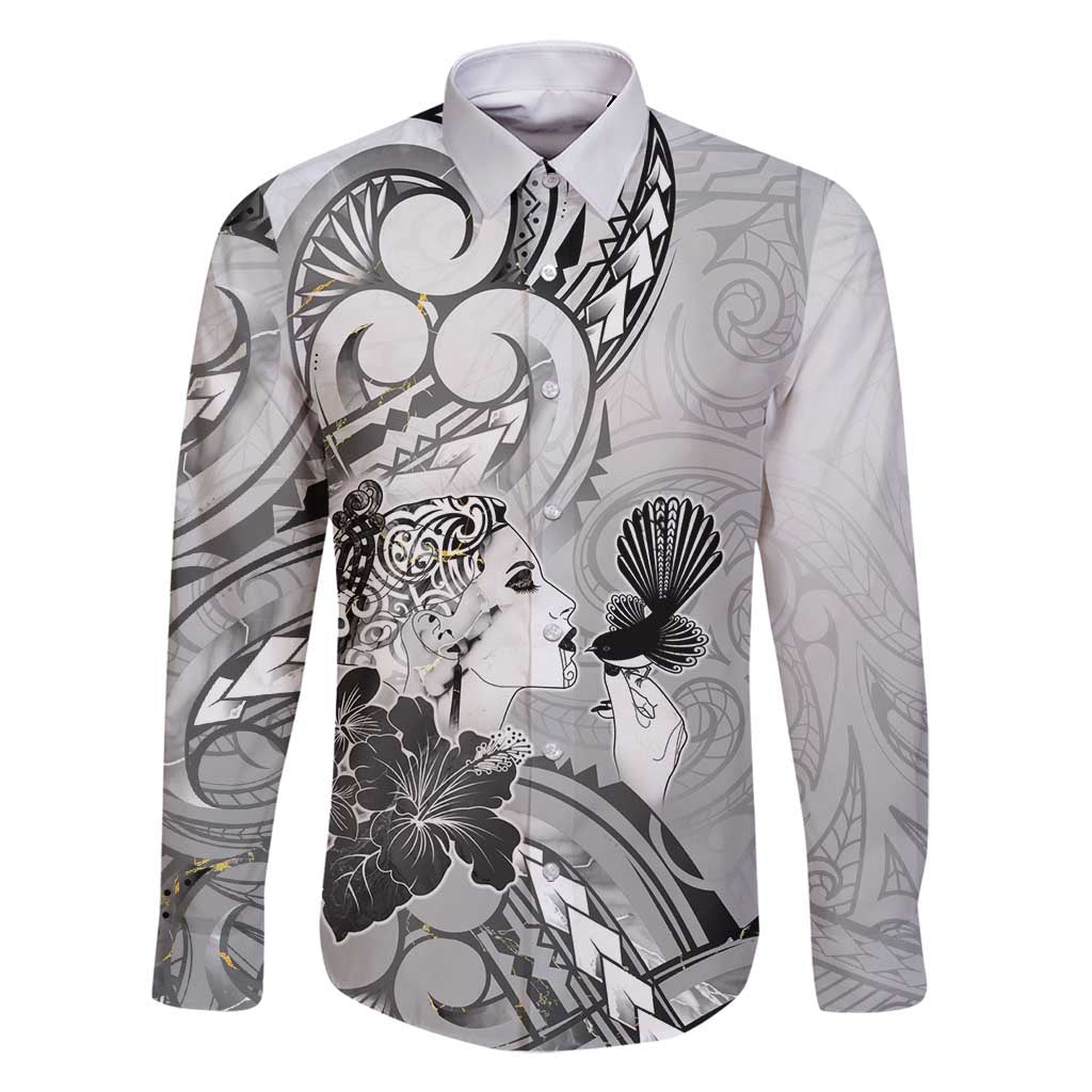 Aotearoa Maori Wahine Family Matching Mermaid Dress and Hawaiian Shirt Fantail Bird Black Gold Marble LT05 Dad's Shirt - Long Sleeve Black - Polynesian Pride
